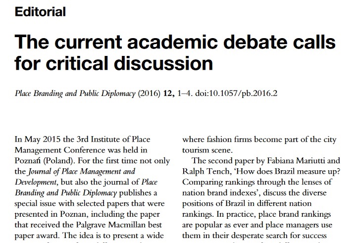 Editorial Academic Debate on Place Branding